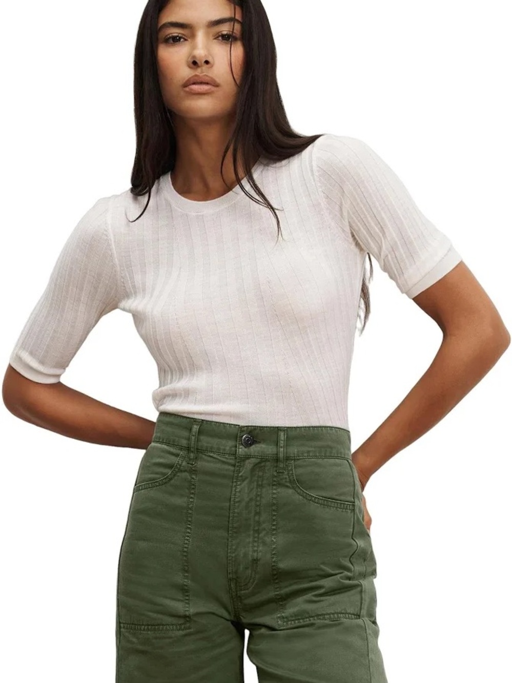 Veronica Beard White Ribbed Short-Sleeve Crewneck Top